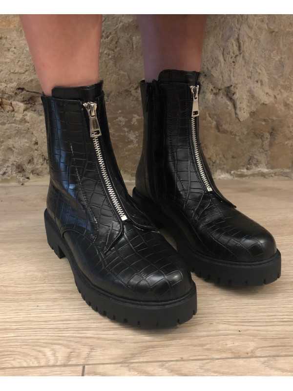 Bottines noires style croco "Day vine"